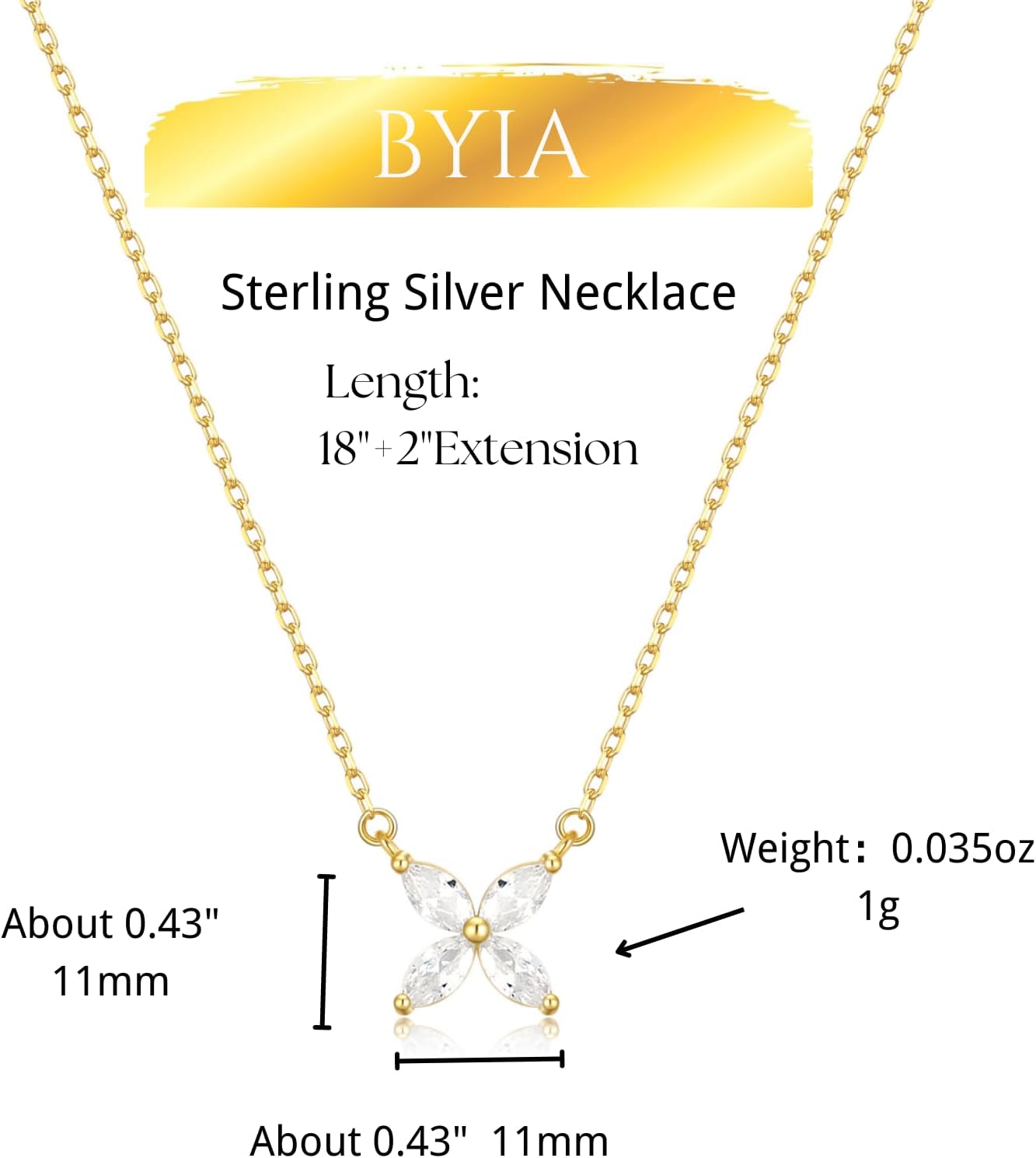 S925 Sterling Silver Necklace for Women Marquise Cubic Zirconia Necklaces 14K Gold Plated 16.5+2" Adjustable Chain Four-Leaf CZ Flower Dainty Floral Pendant Elegant Jewelry - Image 7