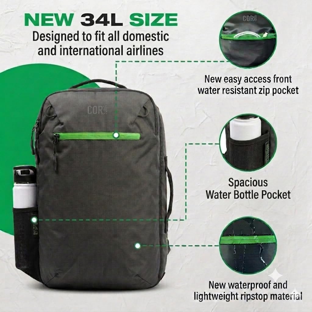 COR Surf Zaino da viaggio per laptop approvato da volo, zaino da viaggio per lavoro e weekender, per uomini e donne, Nero con cerniera nera, 34L, Con cerniera