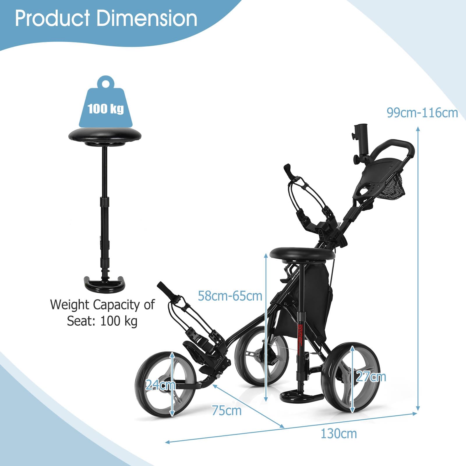 LIFEZEAL Chariot de Golf Pliable à 3 Roues, Voiturette Golf avec Tableau de Bord & Porte-Parapluie, Sac de Rangement & Frein, Siège Hauteur Réglable 58-65 cm, Charge de 100 kg