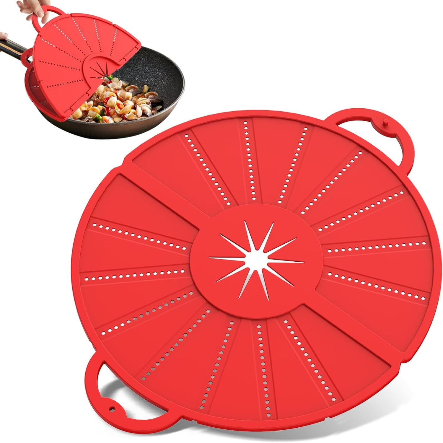Zheigaoxea Silicone Splatter Screen for Frying Pan, Foldable Splash Guard, Multi-Use Grease Splatter Guard,Heat-Resistant Trivet Mat, 12" Non-Stick Oil Splatter Guard, Dishwasher Safe, BPA Free-red（Re