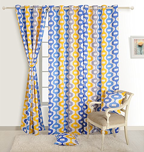Image of Swayam 80% Blackout Polyester Window Curtain for Living Room & Bedroom | 5 Feet | Room Darkening Curtain with Eyelets | Pack of 1 | Geometric Design - Blue & Yellow