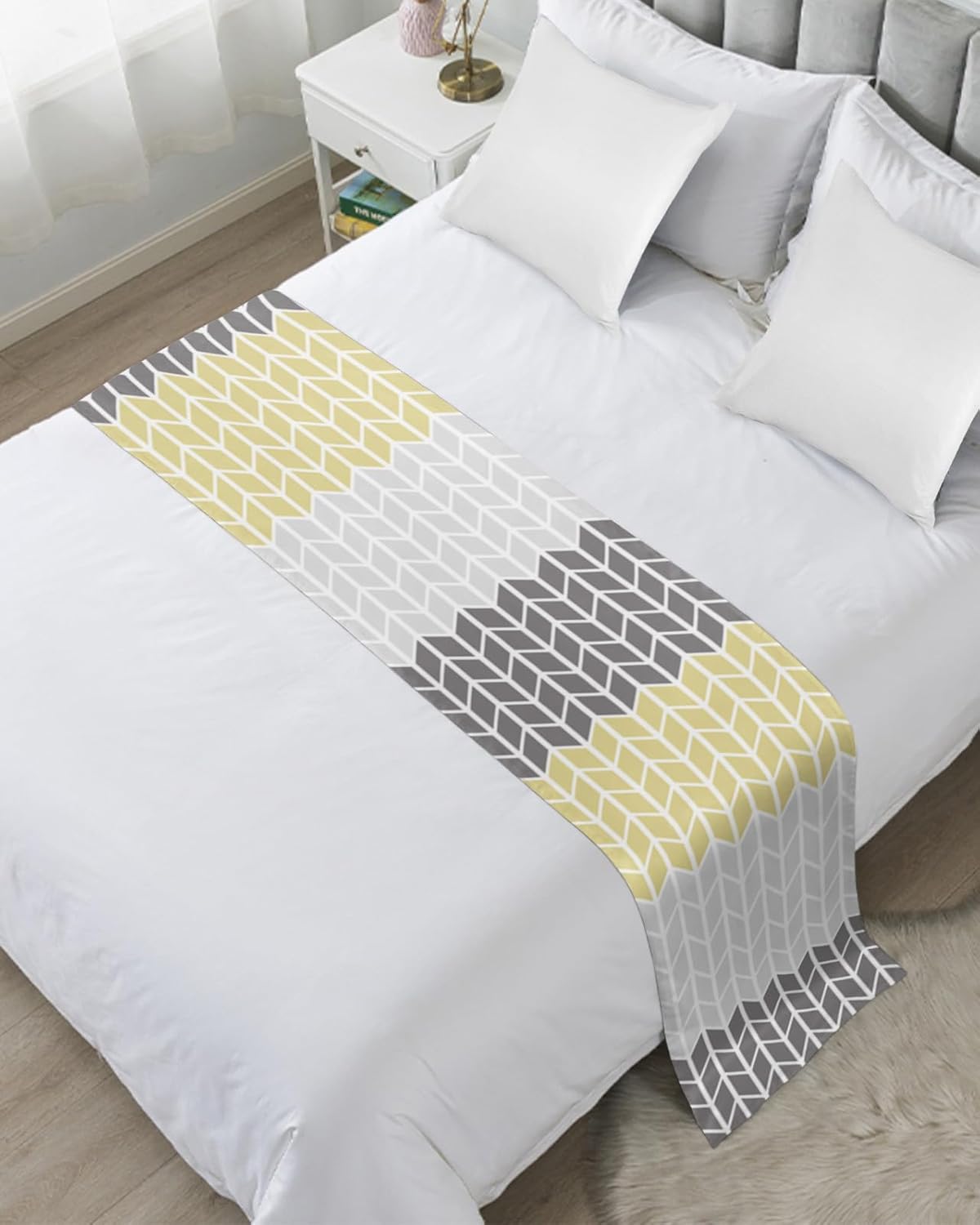 Bed Runner Scarf, Mid-Century Modern Geometric Yellow Gray Pattern King Bed Scarf Runner, No Fading Decorative Bedding Scarf for Bedroom Hotels Homes and Guestrooms