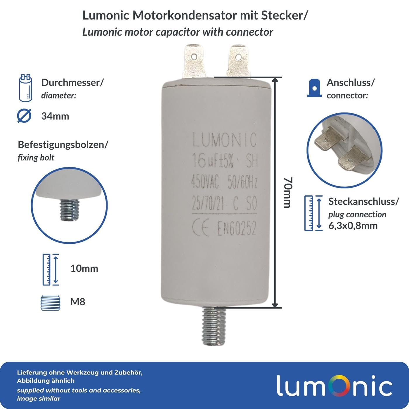 Lumonic Condensatore di avviamento 16µF 450V 34x70mm per pompe tosaerba utensili