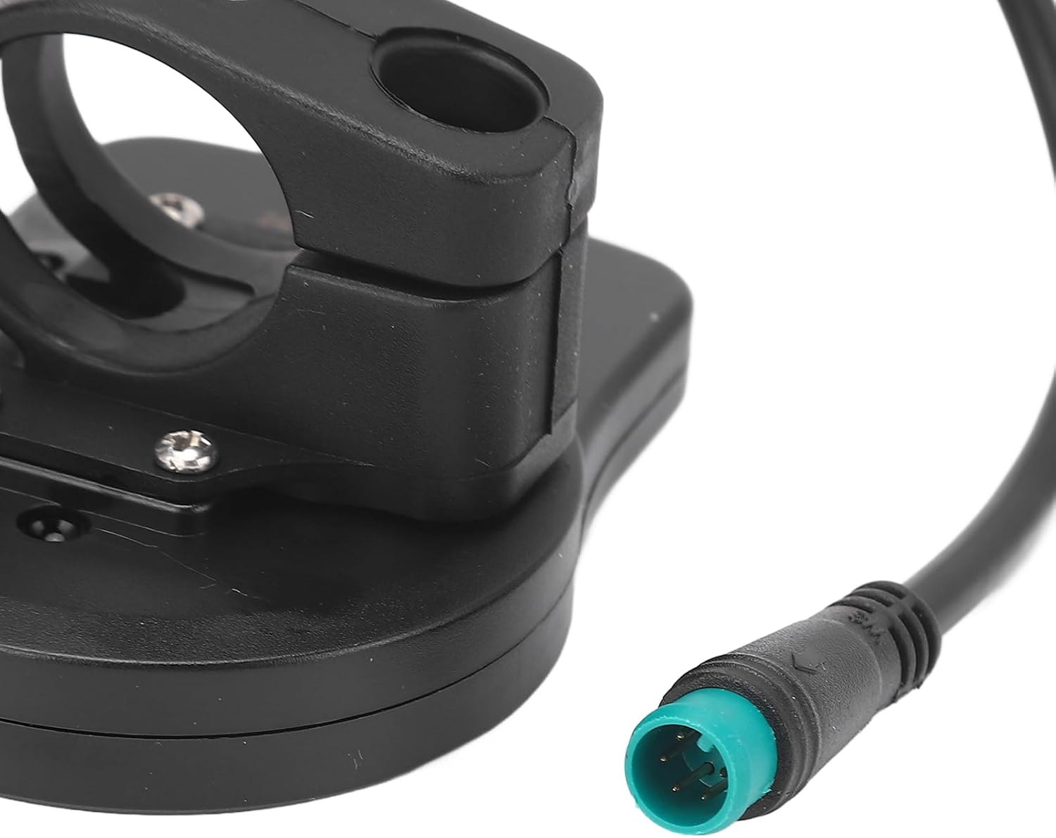 Close-up of the mounting bracket and the waterproof electrical connector of the Ebike LED Display Meter.