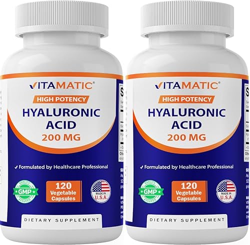 Vitamatic Paquete de 2 suplementos de ácido hialurónico de 200 mg – Apoya el tejido conectivo saludable y las articulaciones – Promueve una piel