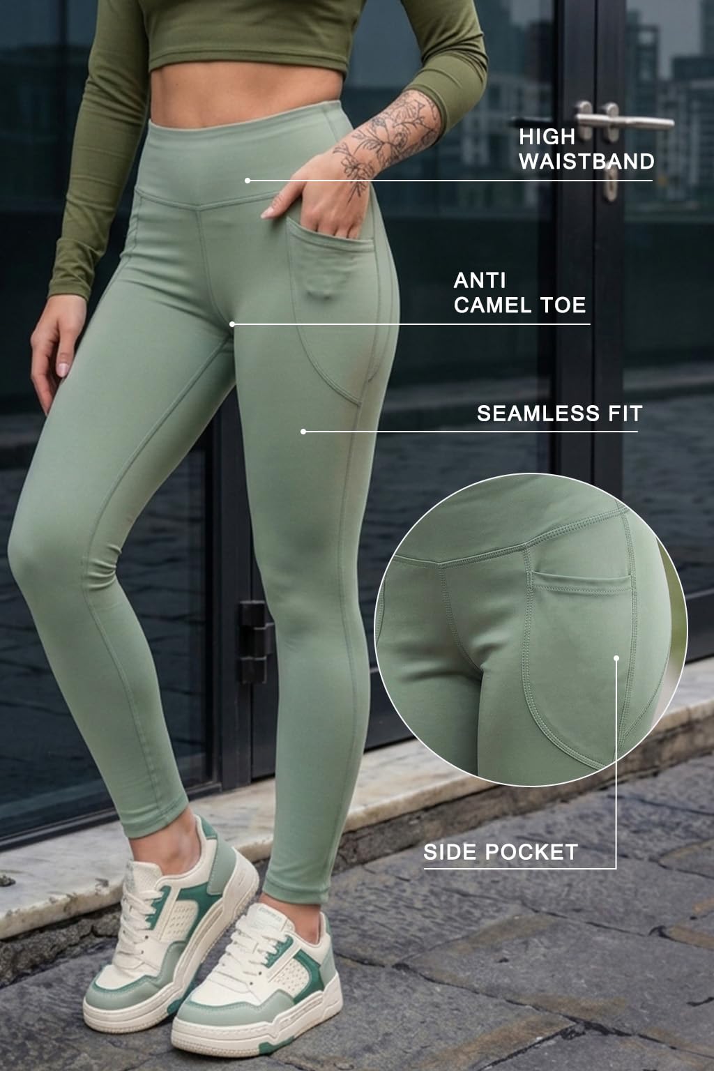 JUNEBERRY® Leggings sportivi da donna in spandex tinta unita | elasticizzati, leggeri e comodi per la palestra Colori: nero, blu navy, grigio chiaro, salvia, cacao, vino, malva.