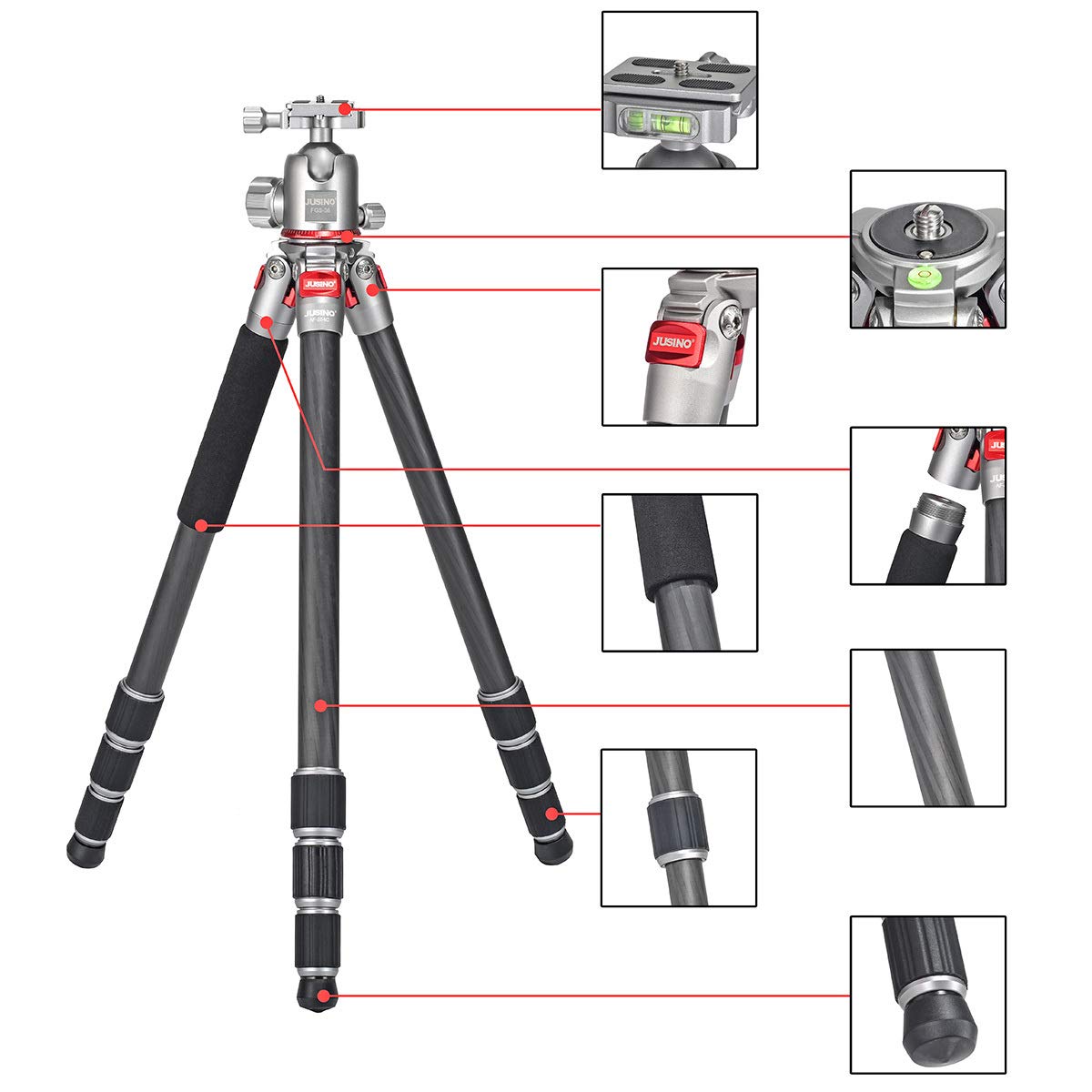 JUSINO Leichtes Karbon Fotostativ mit Kugelkopf Stativ bis 138cm/12kg AF-254C+FGS-36