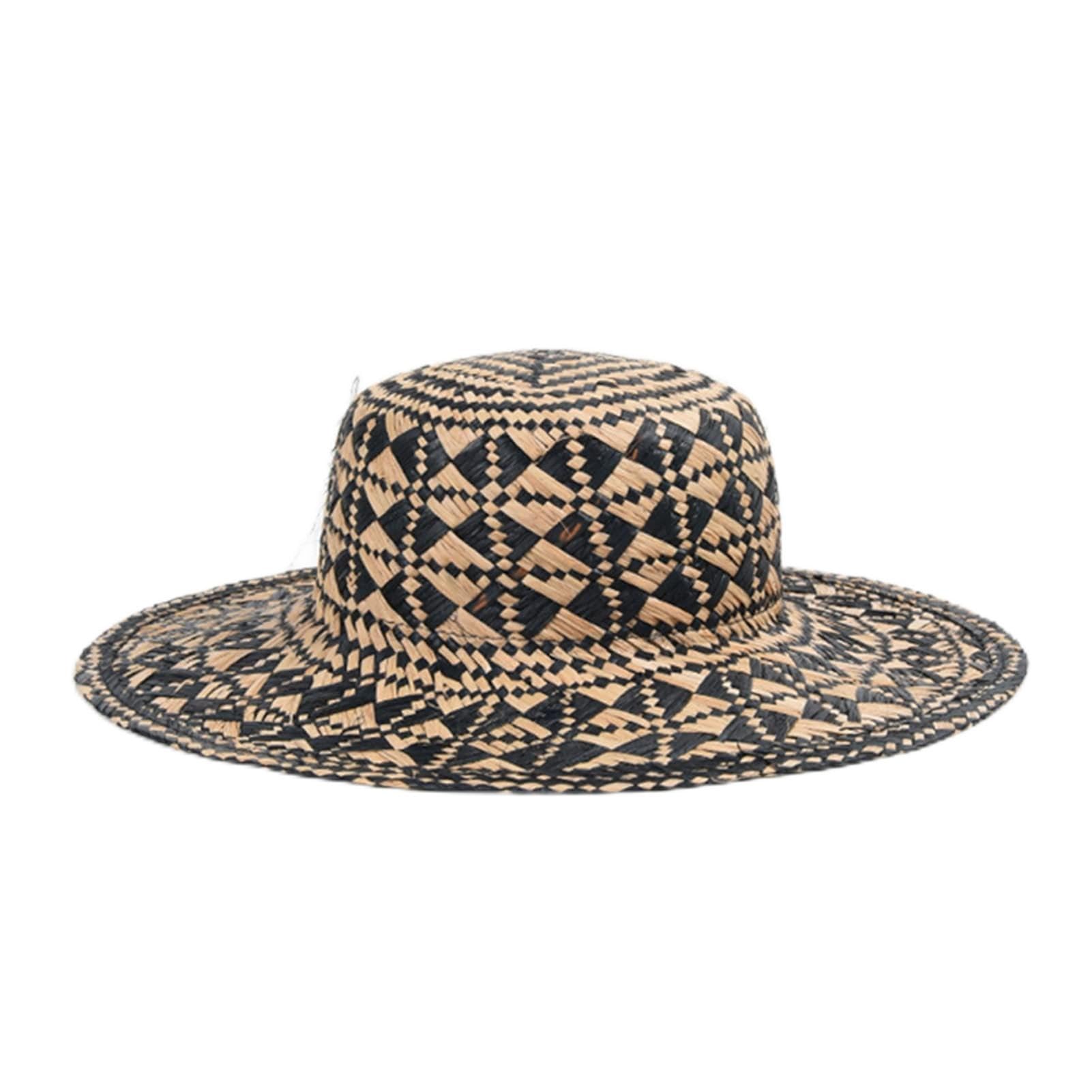Sombrero para el Sol de Paja con diseño geométrico de Rafia para Mujer, Tejido a Mano, con Rayas, para Playa, con protección UV para Vacaciones de Verano (Negro, Talla única)