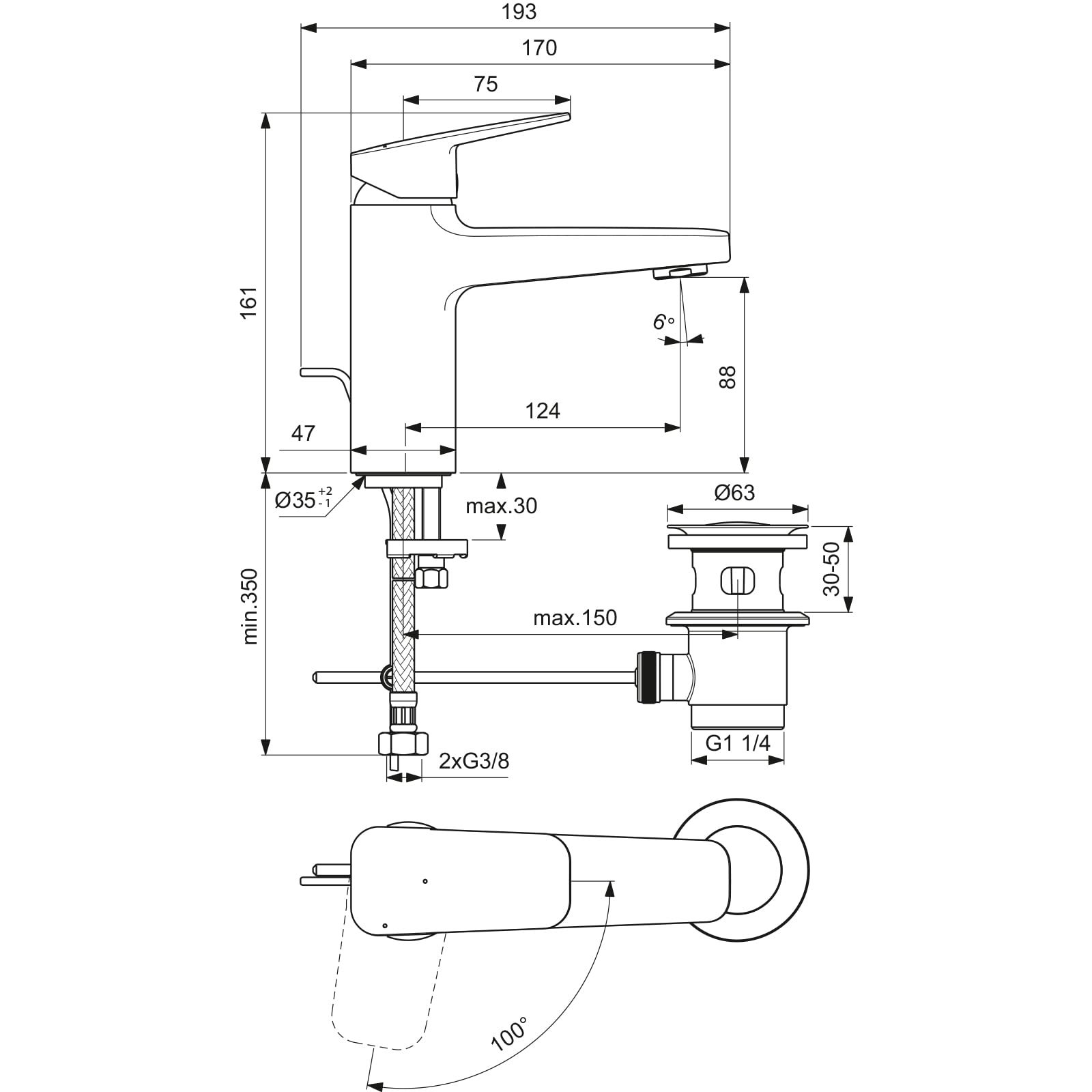 Ideal Standard BD228AA Ceraplan armatura umywalkowa z zestawem odpływowym z przyciskiem do ciągnięcia, wysokość wypływu 88 mm