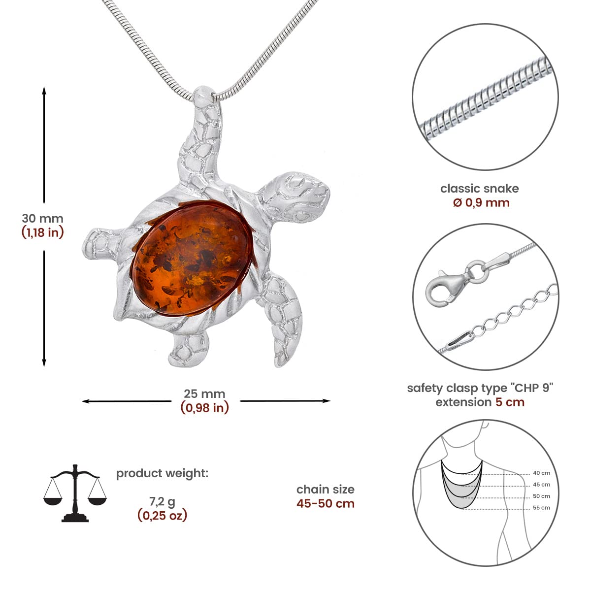 Damen 925 Sterling Silber Halskette mit Nano-Beschichtung Schutz Oval Baltischen Bernstein Meeresschildkröte Anhänger an einer Kette mit einer Schlangenkette, Geschenk-Set.