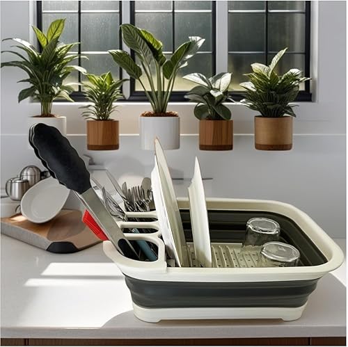 Miniatura 2 de SAMMART Escurridor de platos plegable de 7.3L (1.9 galones) con escurridor, juego de escurridor plegable, organizador de vajilla portátil, bandeja
