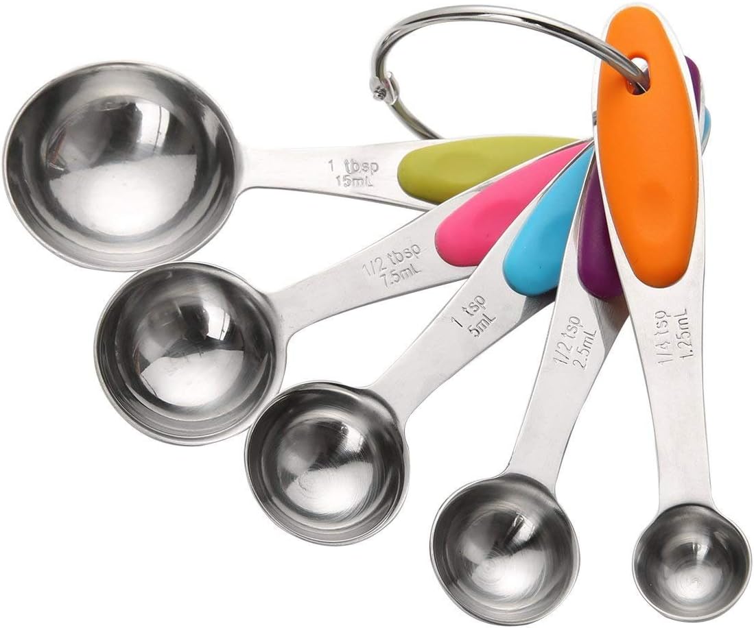 Measuring Spoons,Stainless Steel Baking Spoons with Silicone Handle,Baking Measuring Tools for Dry and Liquid Ingredients (5 Pieces)