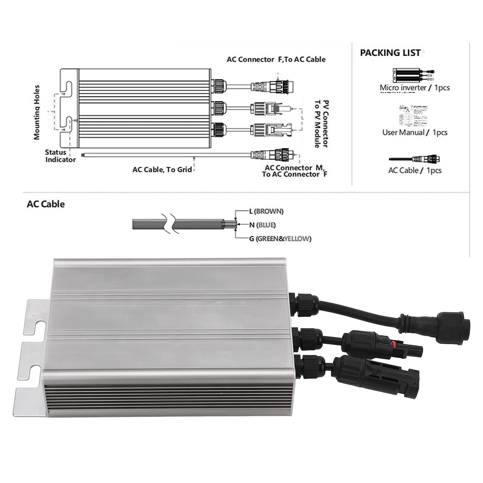 Micro Inverter per Collegamento a Rete Solare, Inverter a Onda Sinusoidale Pura MPPT 18-50 V Ingresso Solare Uscita AC230V, Micro Inverter Solare Impermeabile in Lega di (500W)