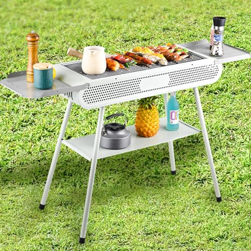 Barbecue a carbonella, portatile grande griglia da tavolo con 2 reti e 1 piastra per griglia, barbecue pieghevole all'aperto per 5-8 persone, 3 ripiani portaoggetti