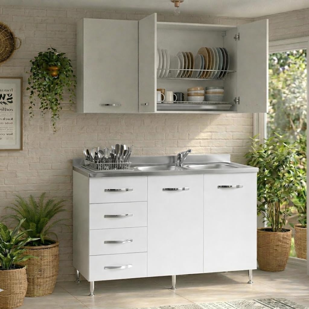 Sottolavello Cucina 120 Completo con Pensile 40, Colapiatto, Lavello e Miscelatore Cucina con 4 Cassetti e 2 Ante in Legno Made in Italy H85xL120xP50 cm (Bianco, Vasca a Destra)
