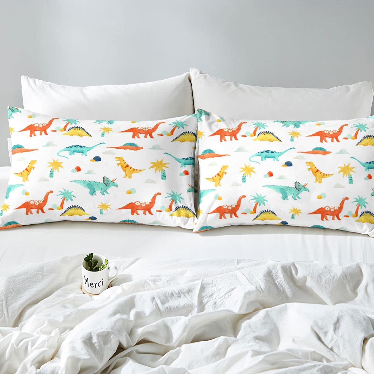 Juego de ropa de cama de dinosaurio de dibujos animados para niños y niñas, adolescentes, funda de edredón transpirable, ropa de cama blanca y lino Super King