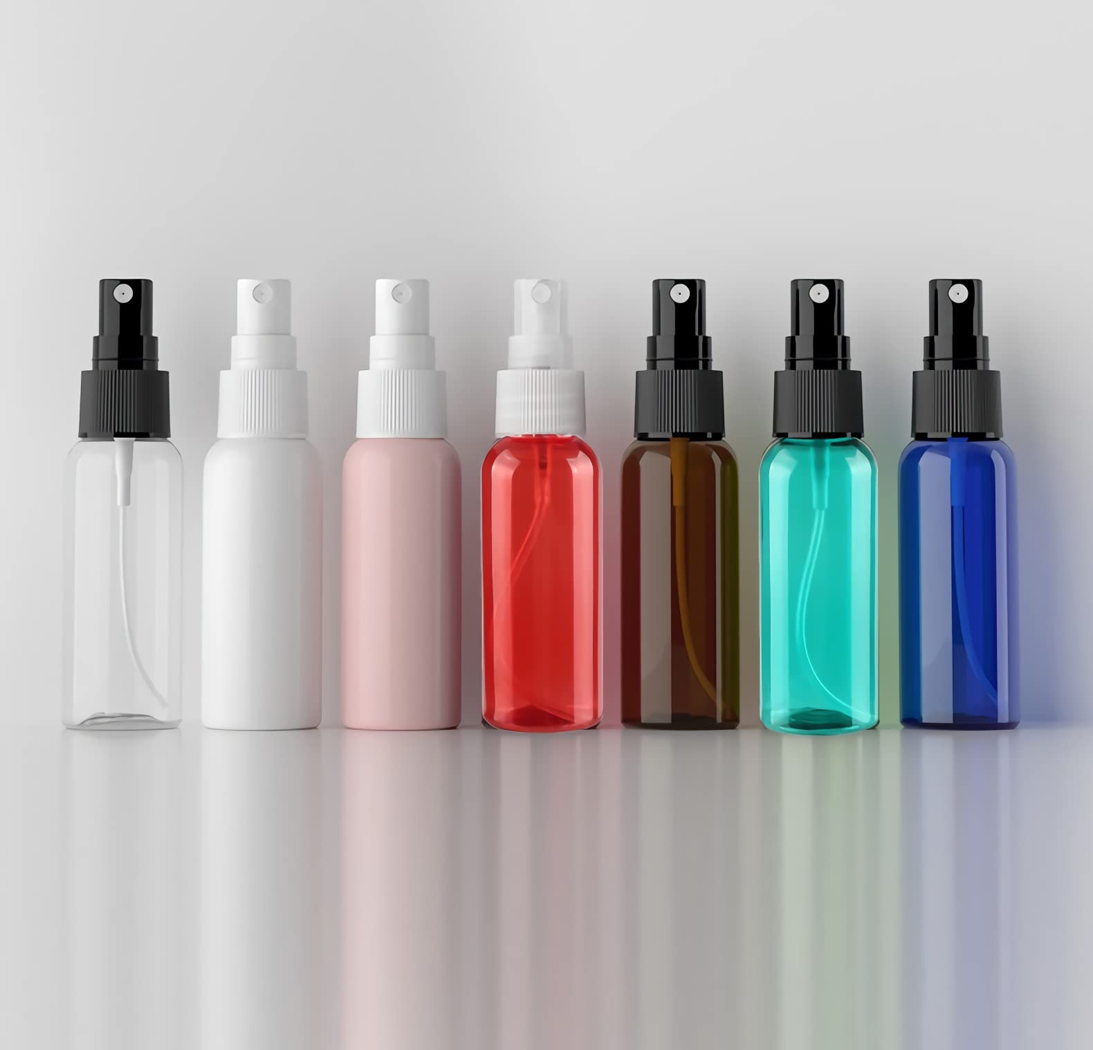 50 Stück Leer 50ml Braun Plastik PET Sprühflasche Reise Zerstäuber mit Schwarz Sprühkopf, Klein Feinen Nebel Parfümzerstäuber Reiseflaschen mit 4x Trichter