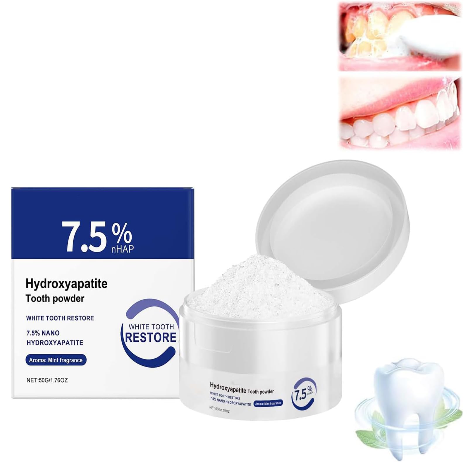 7.5% Hydroxyapatit Zahnpulver Für Zahnschmelzschutz,Zahnpasta Hydroxylapatit Für Empfindliche Zähne,Zahnstärkung,Sanfte Minze,Frischer Atem(50g)