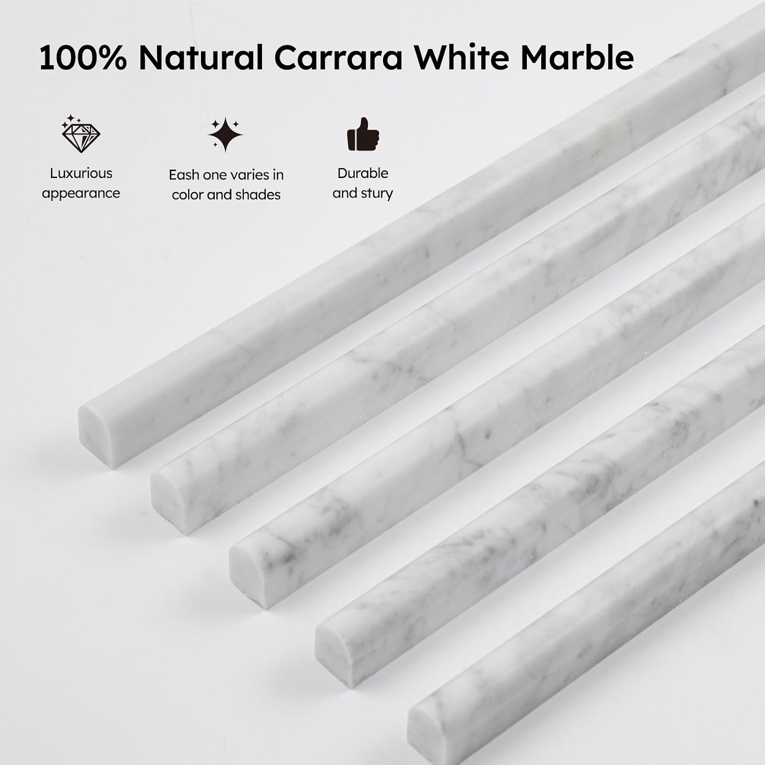 Carrara White Marble Pencil Tile Trim, 1/2×12 Inch Honed, 10 Pcs | Marble Molding Tile Edge Trim, Natural Stone Tile Border for Shower Bathroom Kitchen Livingroom