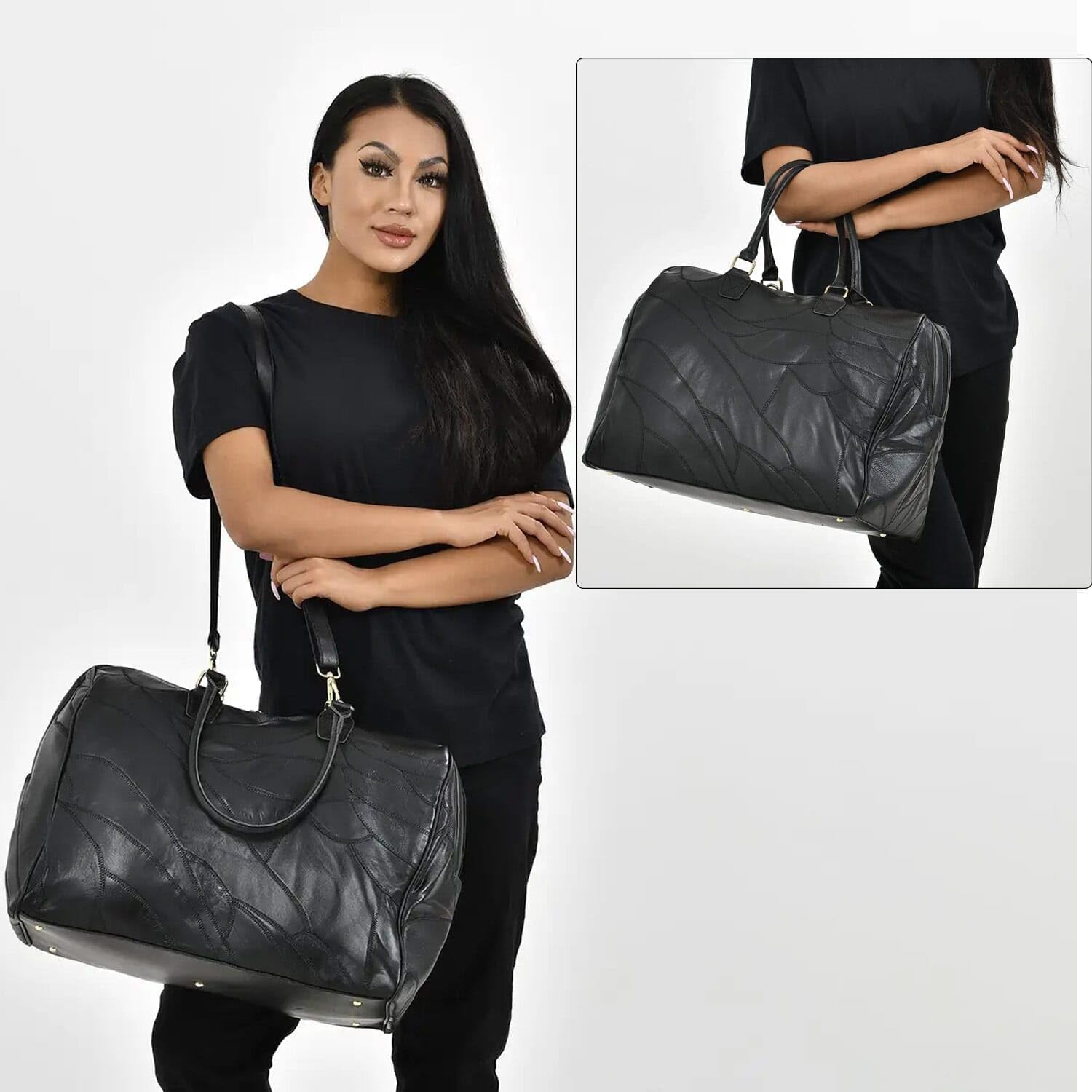 Black Color Sheepskin Leather Travel Bag with Handle Drop and Shoulder Strap Birthday Christmas Gifts