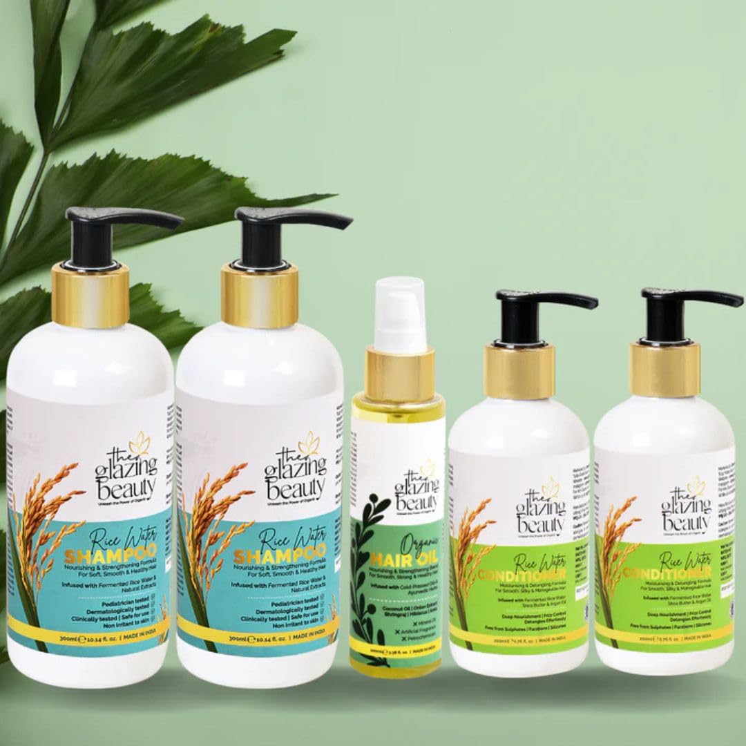 The Glazing Beauty Organic Hair Care Double Combo Pack, Rice Water Shampoo and Conditioner with Hair Oil, Natural Hair Growth Treatment-image-31
