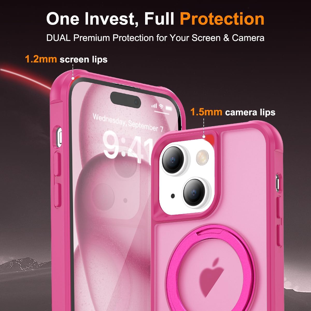 Designed for iPhone 15 Case with 360° Rotatable Magnetic Ring Stand [Compatible Mag-Safe] [Military Grade Protection] Translucent Matte Phone Cases for Women Men 6.1'', Rose Red