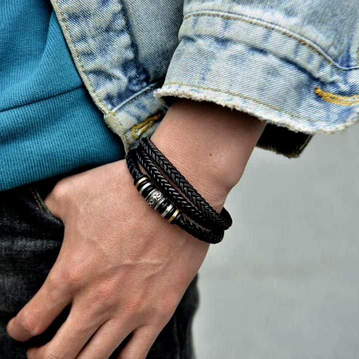 FKTEEHY to My Son Braided Leather Bracelet I Will Always Be with You Men Double Row Magnetic Closure Personalized Bracelets , Black Leather Bangle Bracelet Gift (Son)