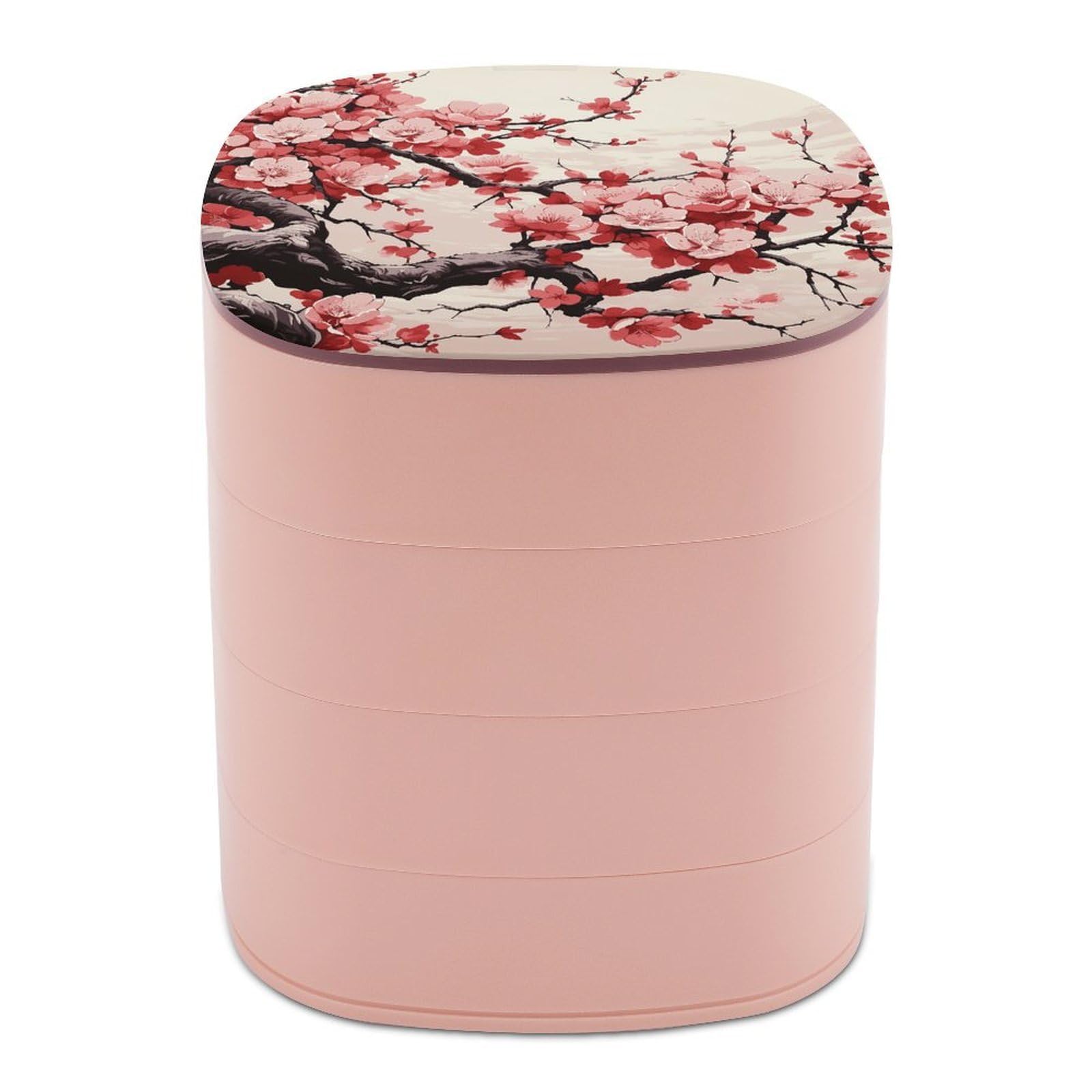 VstaDank Japanese Floral Cherry Blossom Jewelry Organizer Small Travel Earring Storage Box with Mirror 4-Layer Rotating Travel Jewelry Tray Case with Lid Large Capacity Jewellery Holder Case