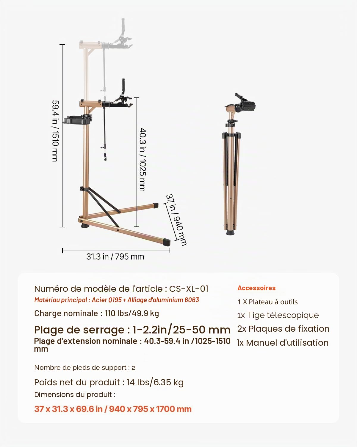 VEVOR Pied d'atelier vélo pliable, hauteur réglable de 1025-1510 mm, support de réparation de vélo robuste, charge 49,9 kg, stand de bicyclettes avec grand plateau à outils, pour VTT et vélos de route