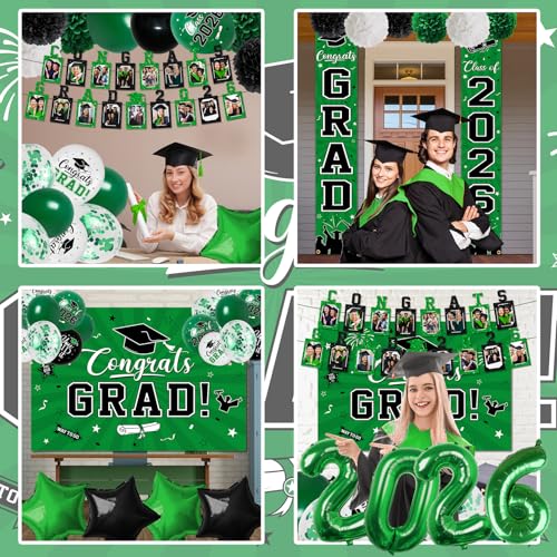 Image of 2026 Graduation Decorations, Green Themed Class of 2026 Decorations Set, Congrats Grad Backdrop, Photo Banner, Door Banner, Balloons and Pom Poms Supplies for High School College Graduation Party