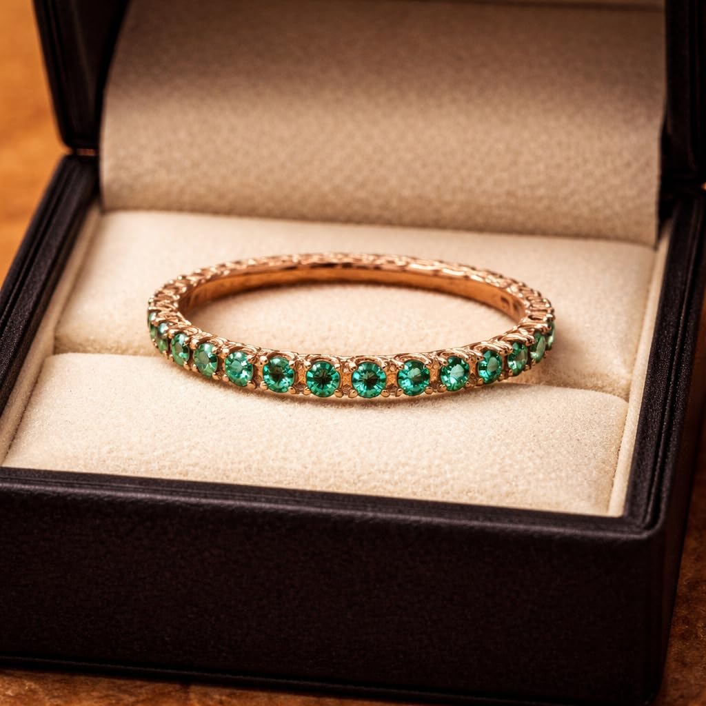 Round Cut Green Emerald Full Eternity Band For Women 14K Rose Gold May Birthstone Stackable Wedding Band Dainty Anniversary Jewelry Gift For Her