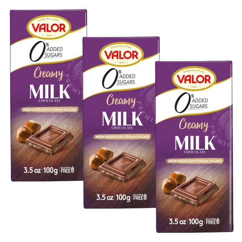 Valor Sugar-Free Milk Chocolate With Hazelnut Cream Bar | No Added Sugar | Pack of 3 (300g Total)