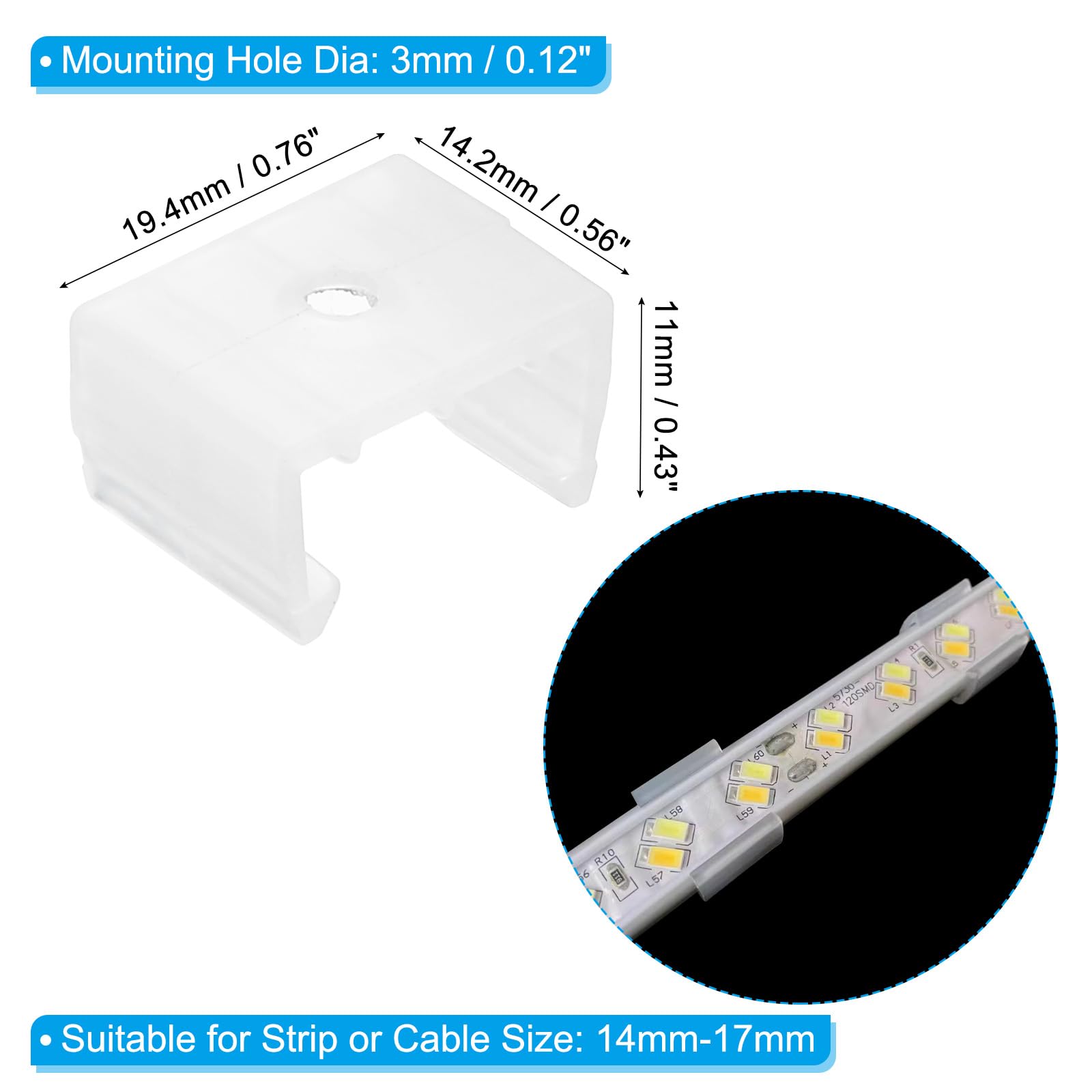 PATIKIL LED Strip Light Clips, 100 Pack Mounting Bracket Fixing Clips Plastic Clamp Holders with Screws for 14mm-17mm Neon RGB Light Cable Ribbon, Translucent — Amazon image 2