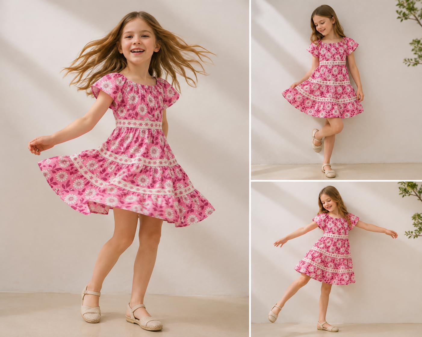 Vestito Estivo Bambina 3-9 Anni Rosa con Fantasia Floreale e Maniche ad Aletta – Abito Leggero a Balze con Dettagli in passamaneria per Vacanze e Tempo Libero, 3923