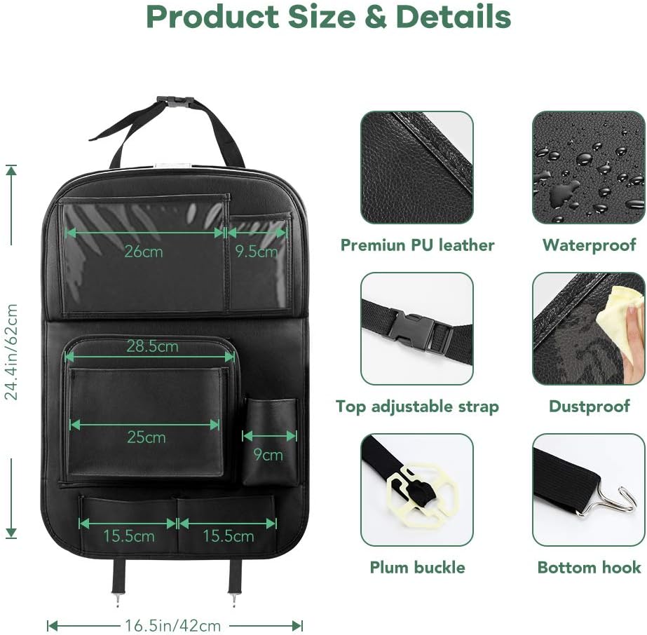 Tsumbay Car Back Seat Organizer with Trash Can PU Leather Car Storage Organizer with Foldable Table Tray,Touch Screen Tablet Holder,Car Back Seat Protectors Kick Mats -1 Piece : Automotive