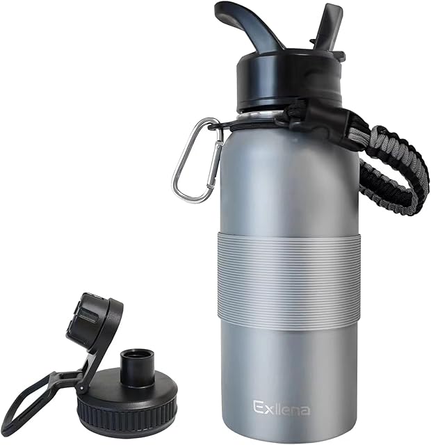 Exllena 1 Litre Water Bottle with Two Lids, Stainless Steel Water Bottle Double Insulated with Silicone Sleeve and Paracord Handle Practical - Grey