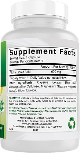 Miniatura 4 de Best Naturals Ácido alfa lipoico 600 mg 60 cápsulas  ALA Potente antioxidante (60 unidades (paquete de 2))