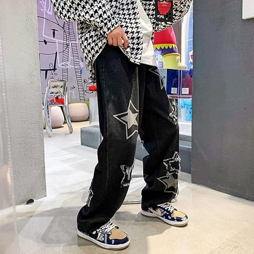 Vintage Men's Korean Denim Pants Y2K Cltohes Streetwear Printed Patchwork Male Baggy Jeans Straight Trousers (Black,M,Medium) #TOP2