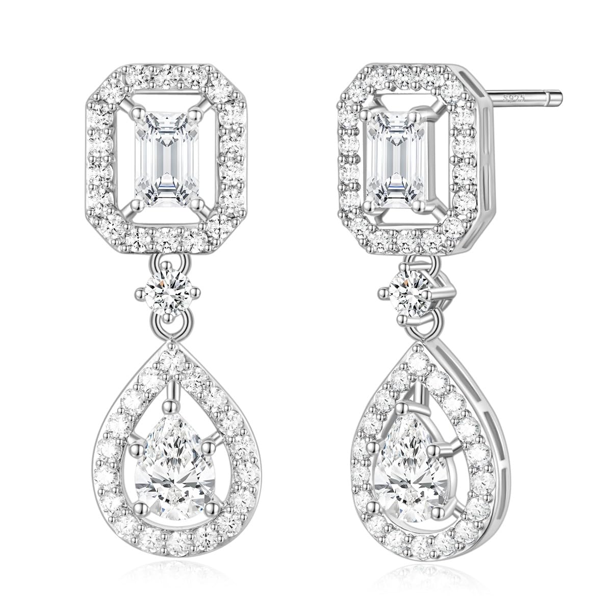 EAMTI Wedding Earrings for Brides Dangle Cubic Zirconia 925 Sterling Silver Post Engagement Earrings for Women
