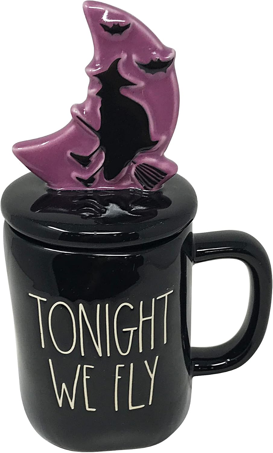 Rae Dunn Ceramic Halloween Mug with Decorative Lid (Tonight We Fly/Black/Purple)