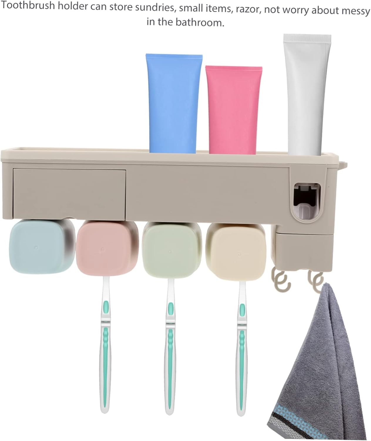 Amosfun 1set Automatic Squeeze Toothpaste Dispenser Wall-Mounted Toothbrush Holder Capacity Bathroom Organizer Slots for Toothbrushes Grey Color Essential Bathroom Accessory