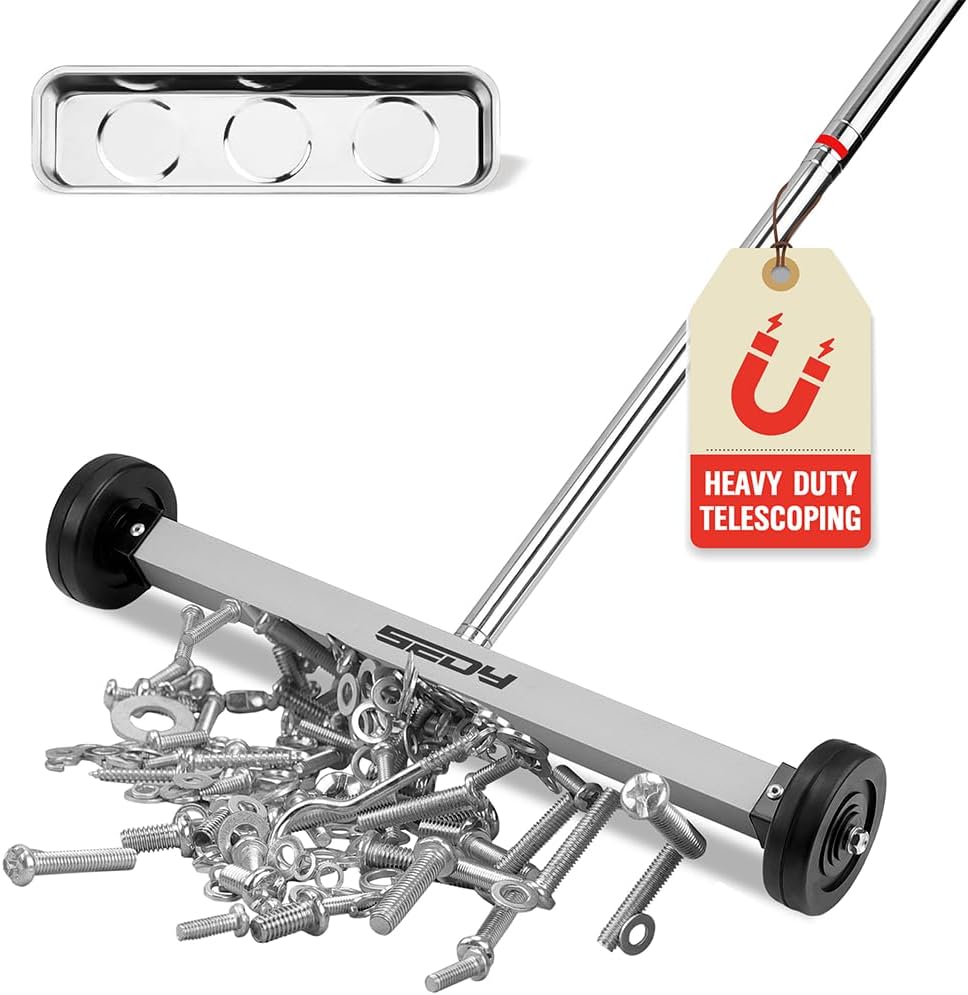 Magnet Sweeper Magnetic Nail Roller: 17-Inch Heavy Duty Magnet Nail Pickup Rolling Tool with Telescoping Adjustable Handle 8.8-Pound Capacity Ideal for Workshop Garage Yard Construction Cleanup