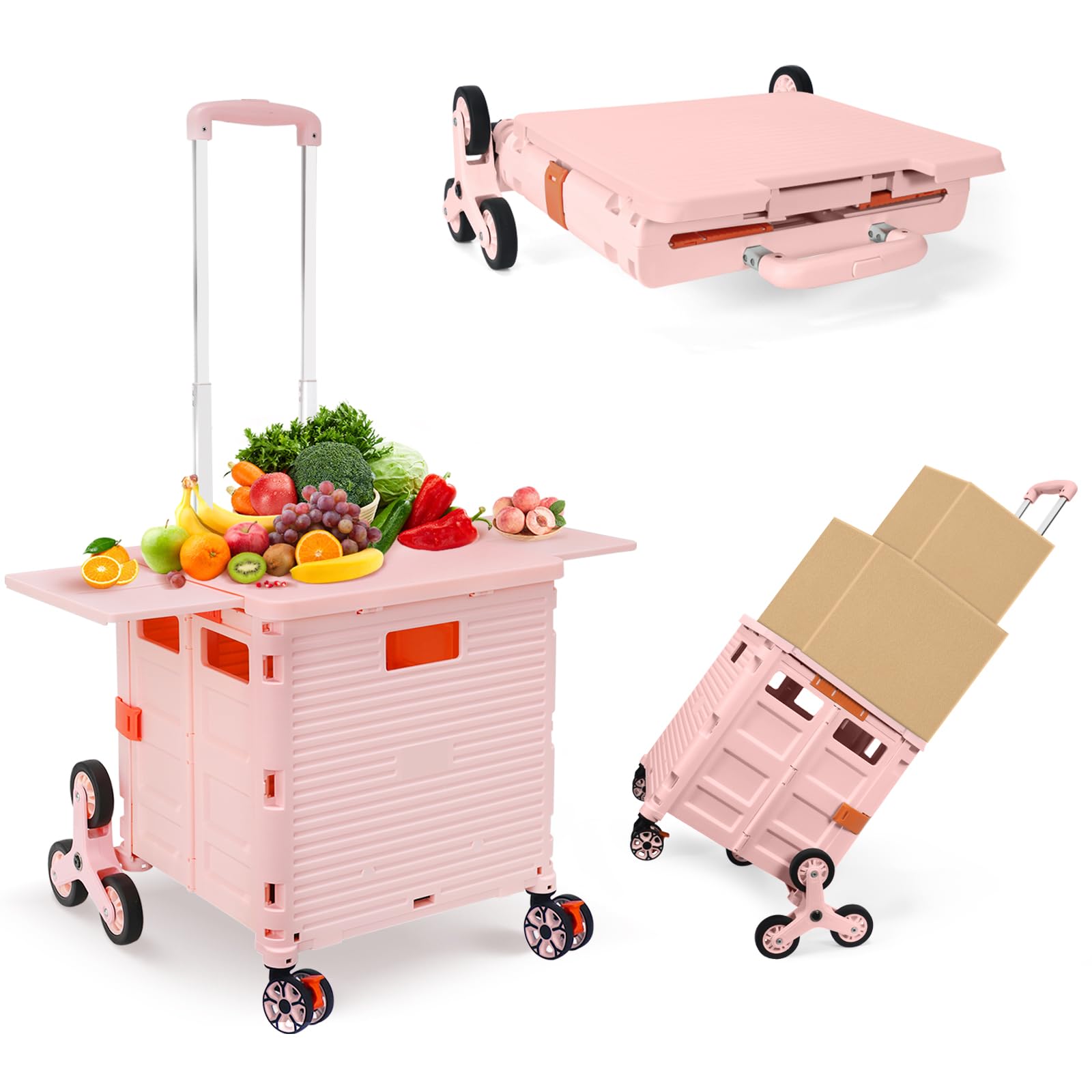 Foldable Utility Cart with Stair Climbing Wheels,Collapsible Rolling Crate with Magnetic Lid Telescopic Cover,Telescoping Handle,360° Rotate Wheel