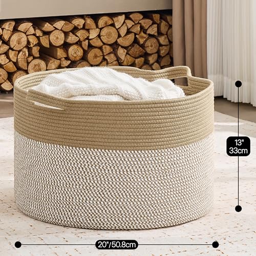 Image of KAKAMAY Cotton Rope Storage Basket (20 inchx13 inch),Woven Hamper for Blankets,Toys,Pillows,Clothes,Laundry,Sturdy Handles Decorative Basket for Living Room, Bedroom,Nursery(Brown /White)