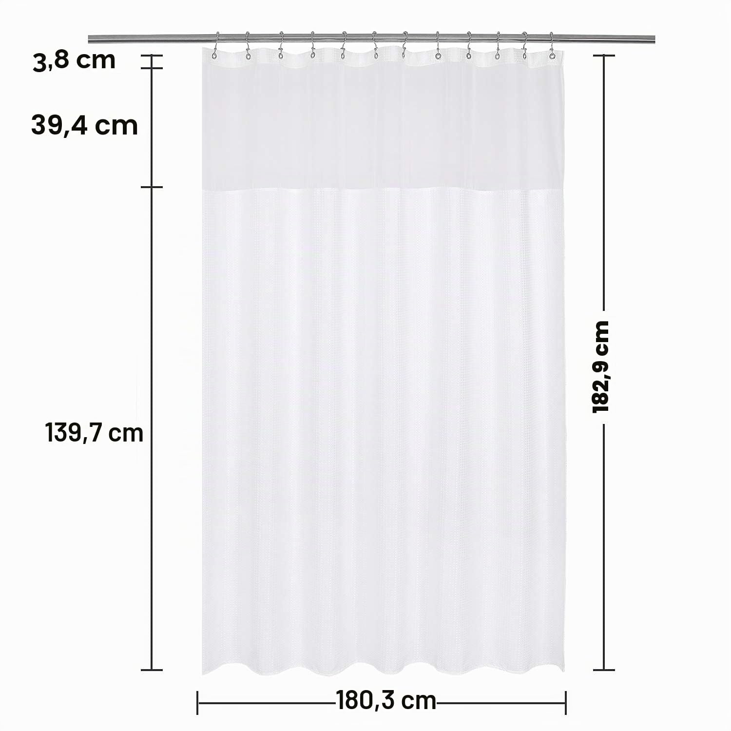 N&Y HOME Set aus Waffelgewebe-Duschvorhang mit einknöpfbarem Innenfutter und 12 weißen Haken, Hotel-Stil, wasserfest, waschbar, Schwerer Stoff, Netzfenster Oben, 180,3 x 182,8 cm, Weiß