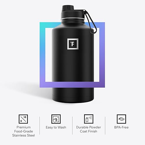 Miniatura 5 de IRON FLASK - Botella deportiva de 14, 18, 22, 32, 40, 64 o 128 onzas, 3 tapas (boquilla), acero inoxidable aislado al vacío, doble pared moderna,