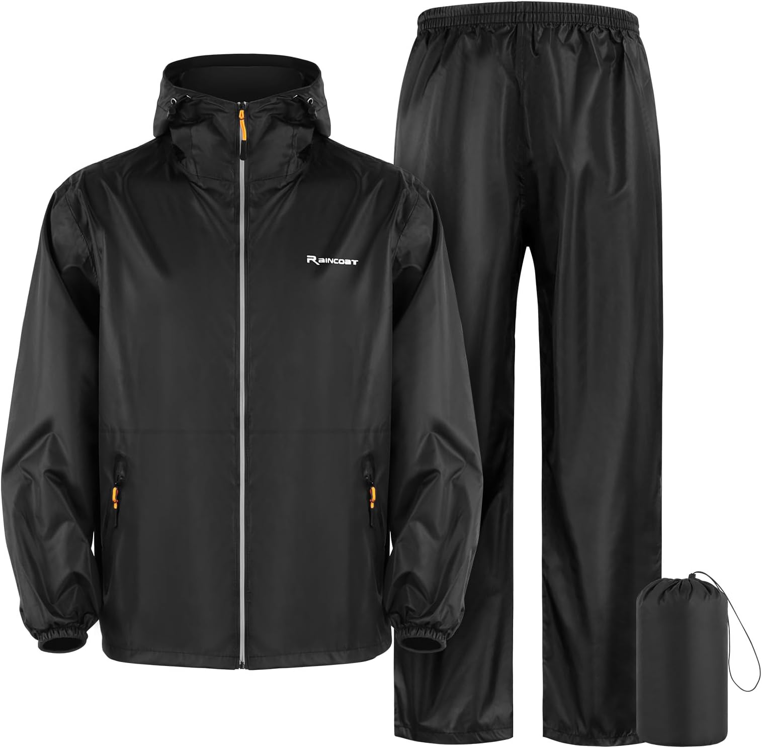 SOPPYWaterproof Rainsuit, Hooded Rain Jacket Waterproof Protective Rain Coat with Trousers, Packable Raincoat Sets with Carrying Bag for Fishing Hiking Camping, Black