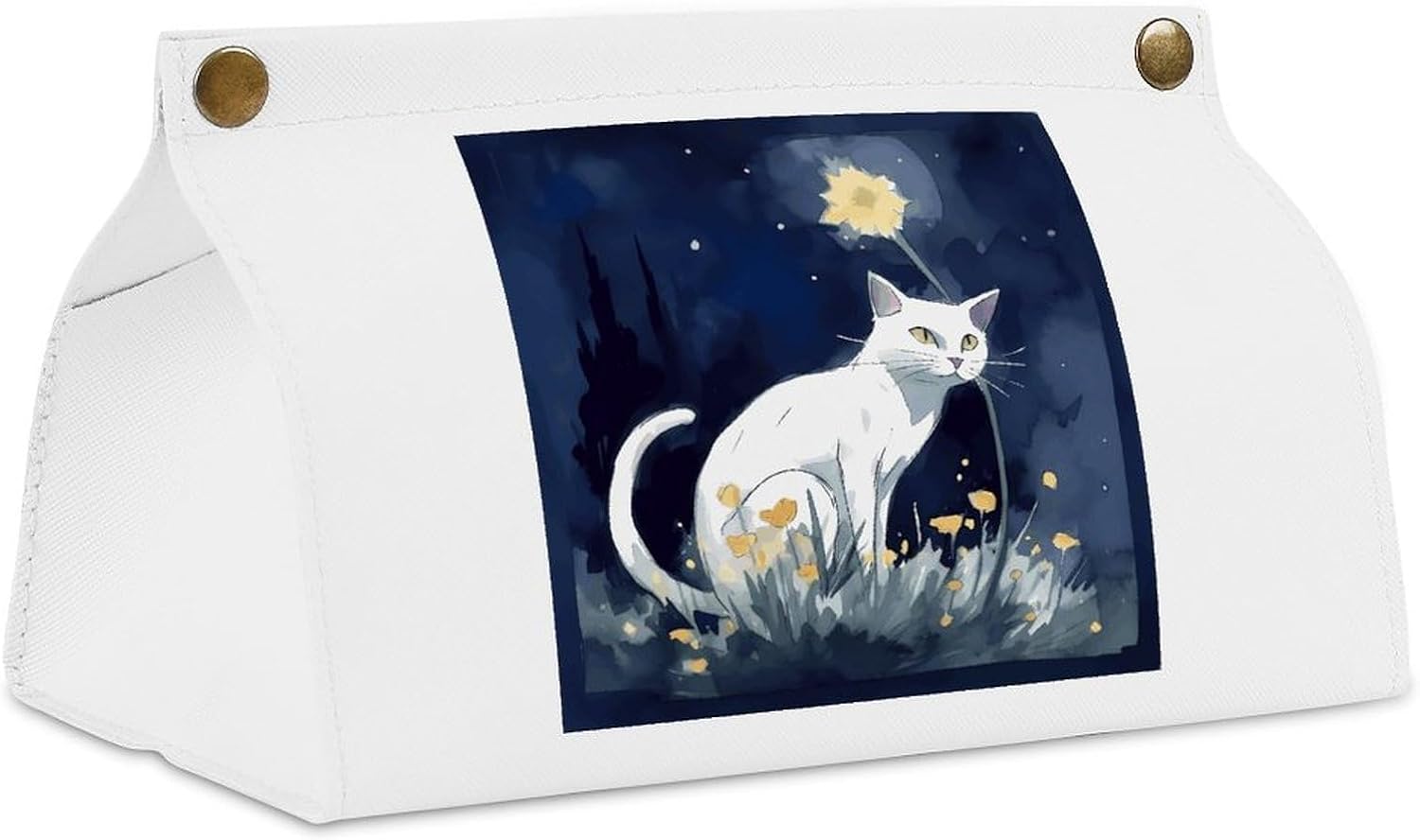 Decorative PU Tissue Paper Holder White Cat Printed Tissue Box Cover Napkin Tissues Organizer Home Decor for Bathroom Night Stands Desk Car Dining Table