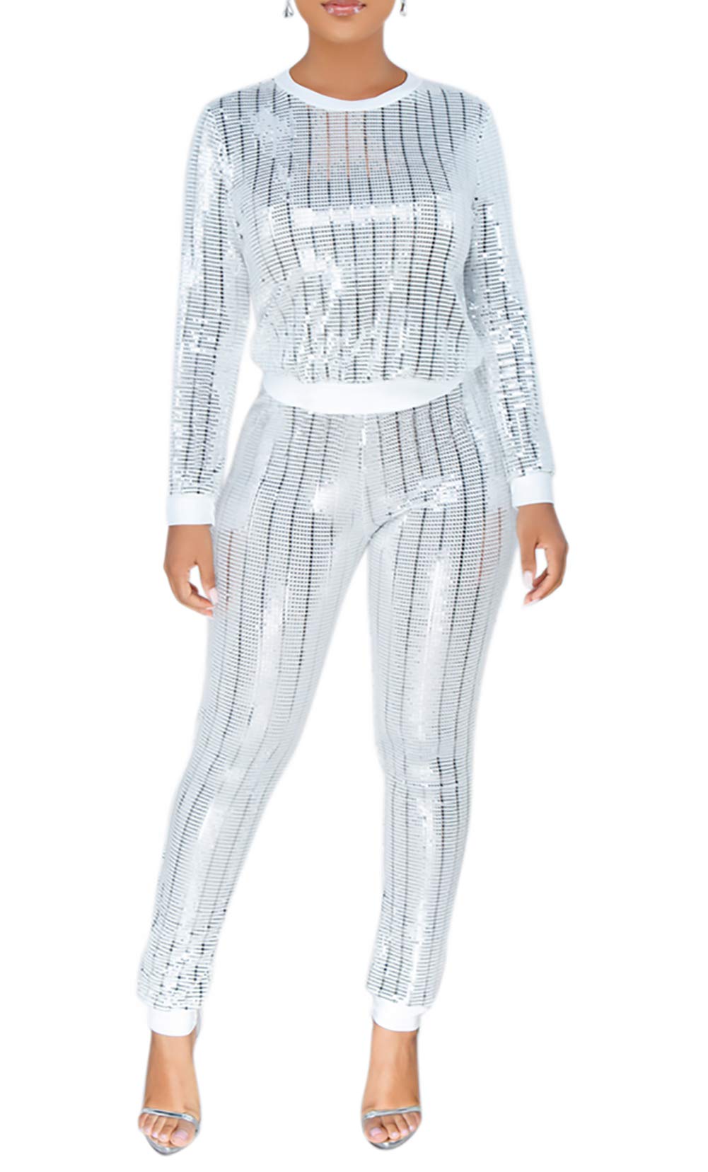 2 Piece Night Clubwear Outfits for Women Long Sleeve Top and Metallic Shiny Pants Glitter Clubwear