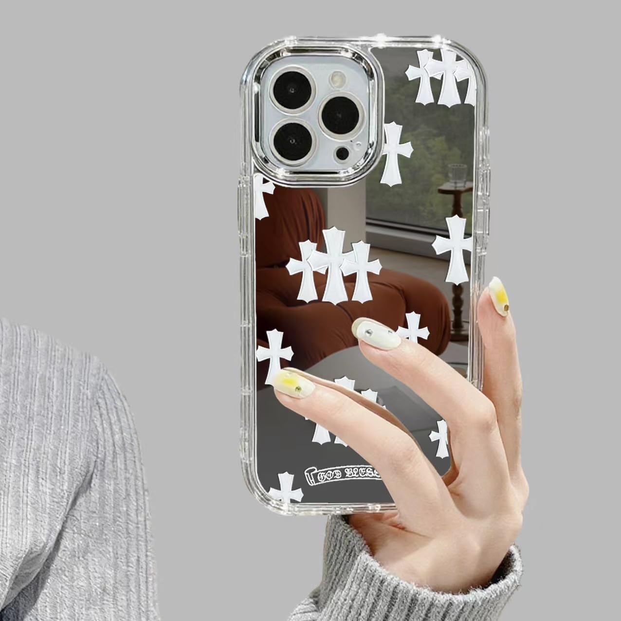 ezyuzy Fits iPhone 15 Pro Max Case Bless Mirror Phone Case for iPhone 14 Pro Case Cross Phone Case Shockproof Protective Phone Cases(Color:White,Size: